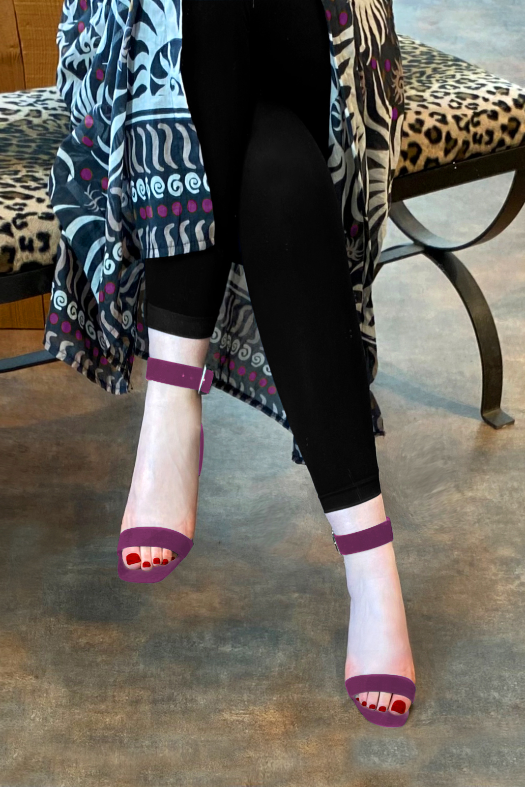 Mulberry purple women's closed back sandals, with a strap around the ankle. Square toe. Medium comma heels. Worn view - Florence KOOIJMAN